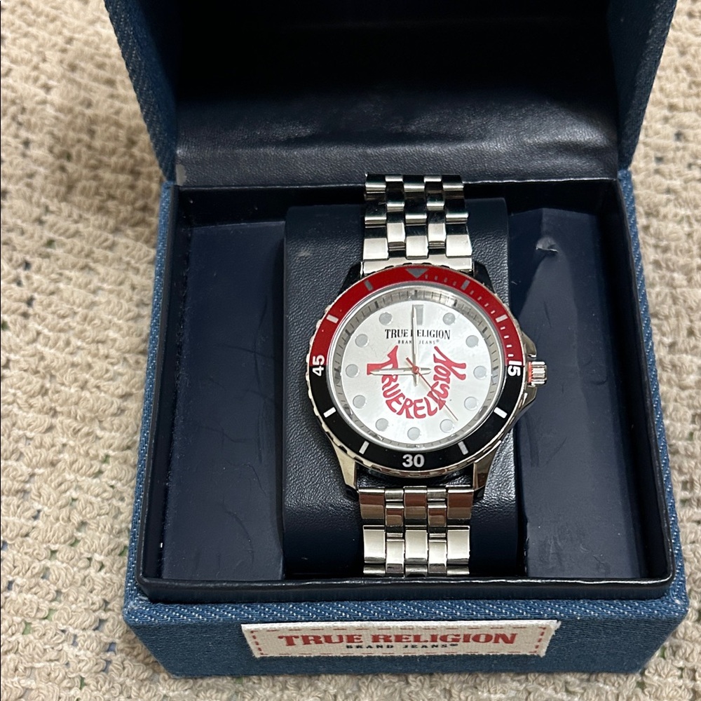 True Religion Men’s Silver Bracelet Watch with Red Bezel